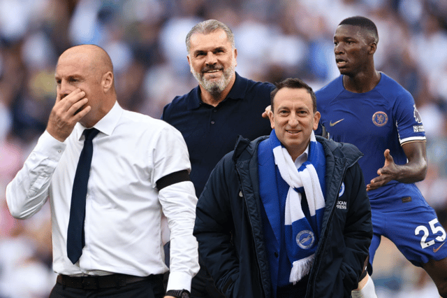 A composite image of Everton manager Sean Dyche, Tottenham manager Ange Postecoglou, Brighton chief Tony Bloom, and Chelsea midfielder Moises Caicedo. The Rebound is a weekly column looking back on all of the latest Premier League action, this week including Everton, Tottenham, and Chelsea.
