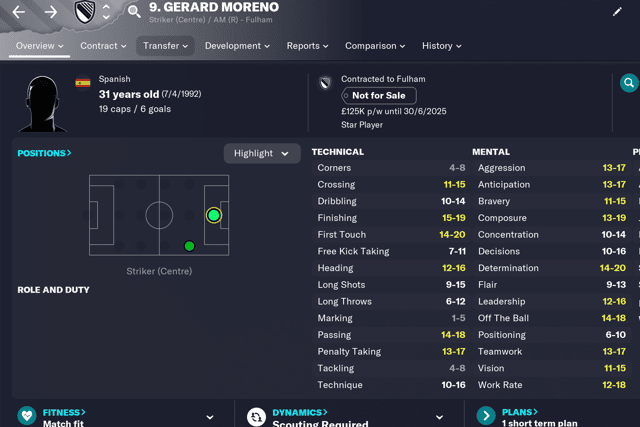 Gerard Moreno at Fulham (credit SI Games/Football Manager 2023)