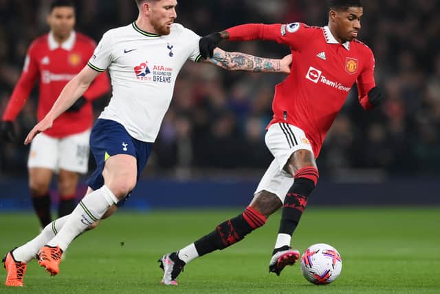 Pierre-Emile Højbjerg challenges Marcus Rashford during last season’s fixture at the Tottenham Hotspur Stadium.
