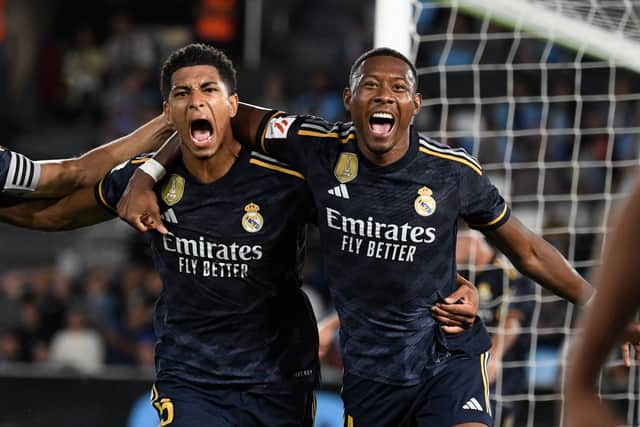 Jude Bellingham and David Alaba celebrate Bellingham’s winner against Celta Vigo.
