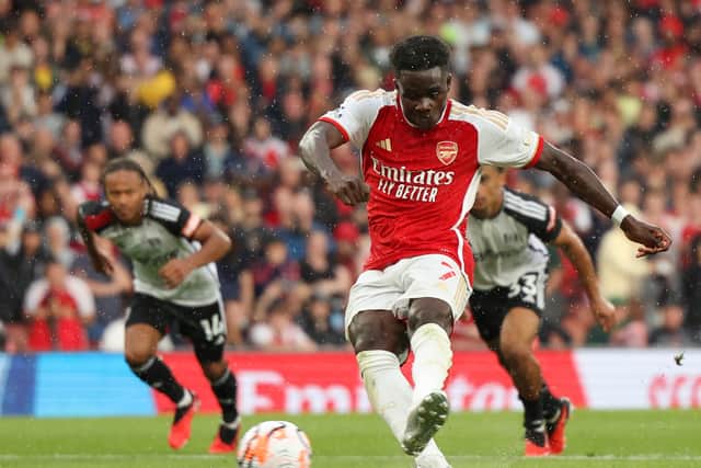 Bukayo Saka scores from the spot against Fulham.