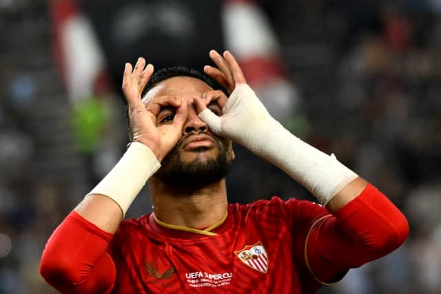 Youssef En-Nesyri celebrates his goal against Manchester City in the Super Cup.