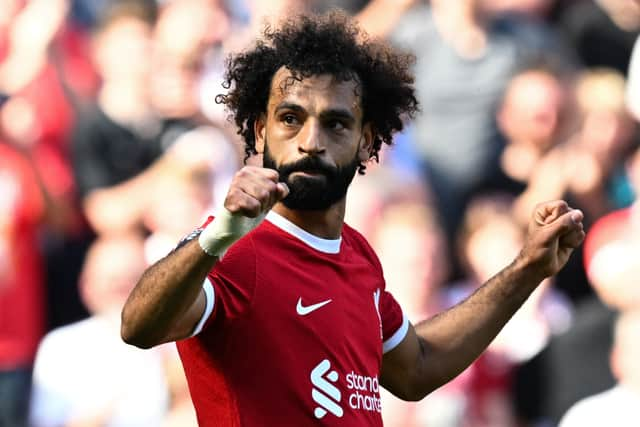 Mo Salah celebrates scoring for Liverpool against Aston Villa. Picture: PAUL ELLIS/AFP via Getty Images