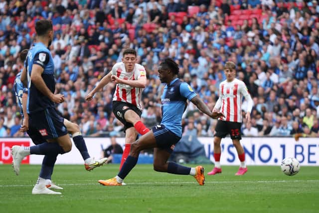 Former Sunderland striker Ross Stewart scoring in the 2022 League One play-off final. The Scotland international left the Black Cats to sign for Southampton on transfer Deadline Day.
