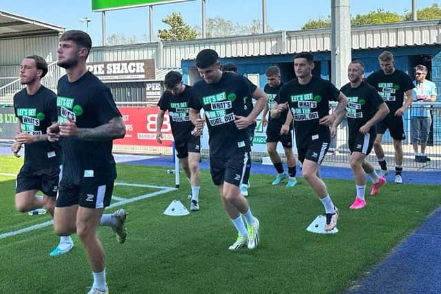 Gateshead players wear If U Care Share Foundation ‘InsideOut’ t-shirts ahead of their win at Eastleigh 