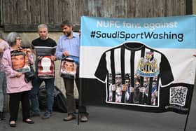 Supporters group NUFC Fans Against Sportswashing protest outside St. James’ Park ahead of an international friendly between Saudi Arabia and Costa Rica. The protest, and subsequent backlash from some Toon fans, has led to yet more conversation about the club’s current Middle Eastern owners.