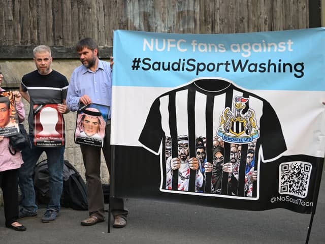 Supporters group NUFC Fans Against Sportswashing protest outside St. James’ Park ahead of an international friendly between Saudi Arabia and Costa Rica. The protest, and subsequent backlash from some Toon fans, has led to yet more conversation about the club’s current Middle Eastern owners.