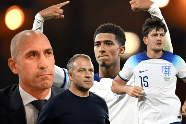 A composite image of Luis Rubiales, Hansi Flick, Jude Bellingham, and Harry Maguire. All four appear in this week’s edition of The Rebound, with a particular focus on the international break.