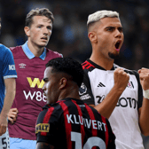 A composite image of Michael Keane, Sander Berge, Justin Kluivert, and Andreas Pereira. All four feature in Whoscored’s lowest ranked Premier League starting Xi of the season so far. 