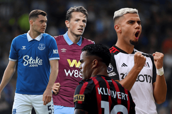A composite image of Michael Keane, Sander Berge, Justin Kluivert, and Andreas Pereira. All four feature in Whoscored’s lowest ranked Premier League starting Xi of the season so far. 