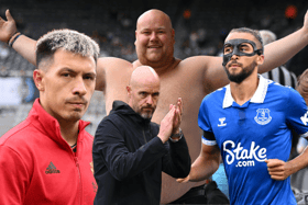 A composite image of Lisandro Martinez, a Newcastle United fan, Erik ten Hag, and Dominic Calvert-Lewin