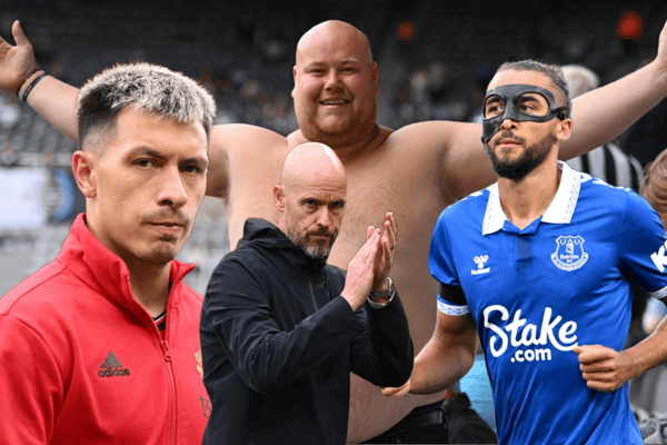 A composite image of Lisandro Martinez, a Newcastle United fan, Erik ten Hag, and Dominic Calvert-Lewin