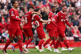 Liverpool players celebrate a goal against West Ham. The Reds host Leicester City in the Carabao Cup on Wednesday evening. 