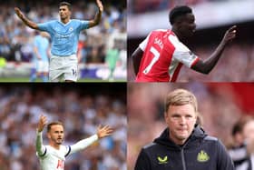 A composite image of Rodri, Bukayo Saka, James Maddison, Eddie Howe. Manchester City, Arsenal, Tottenham, and Newcastle United all feature in this week’s edition of The Rebound