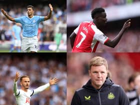 A composite image of Rodri, Bukayo Saka, James Maddison, Eddie Howe. Manchester City, Arsenal, Tottenham, and Newcastle United all feature in this week’s edition of The Rebound