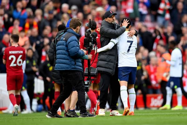 Liverpool managerJurgen Klopp and Tottenham captain Son Heung-min embrace after a Premier League clash at Anfield last season - the two clubs will face off again on Saturday afternoon.