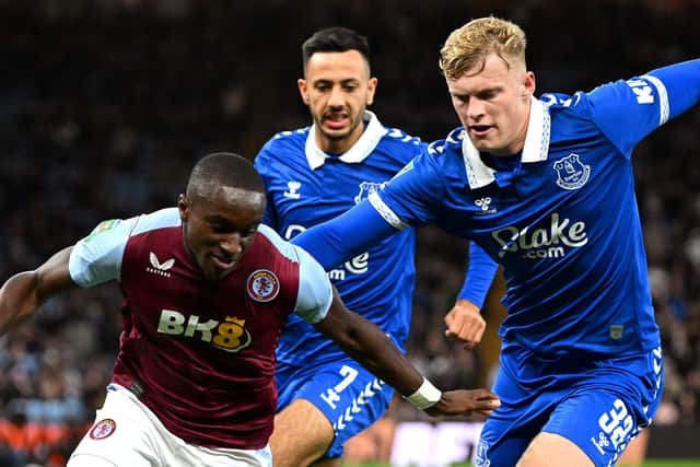 Moussa Diaby of Aston Villa is challenged by Jarrad Branthwaite of Everton during the Carabao Cup Third Round match between Aston Villa and Everton at Villa Park on September 27, 2023 in Birmingham, England. (Photo by Shaun Botterill/Getty Images)