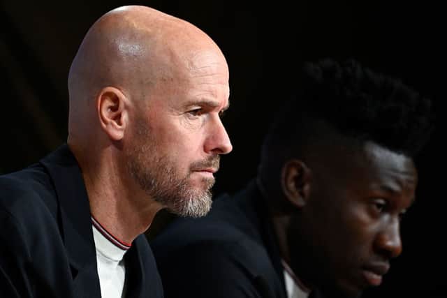Manchester United manager Erik ten Hag and goalkeeper Andre Onana. The Red Devils are currently being linked with a move for Everton defender Jarrad Branthwaite..