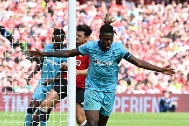 Nico Williams celebrates a pre-season goal against Manchester United