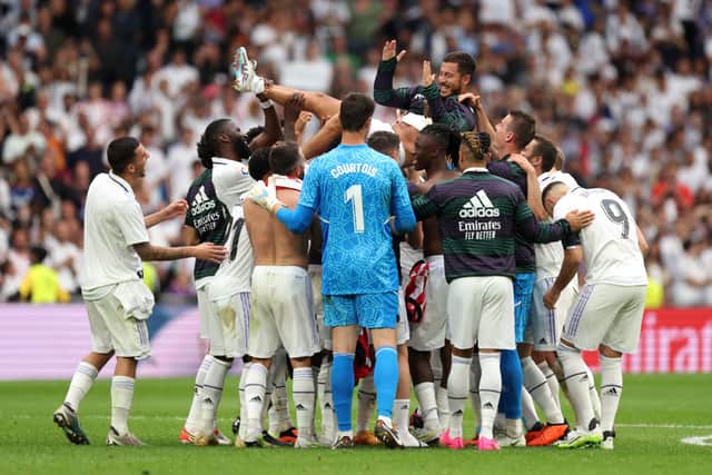 Eden Hazard celebrates with his Real Madrid teammates. The Belgian retired from professional football on Tuesday at the age of 32.