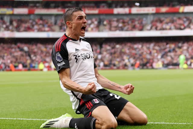 João Palhinha celebrates his goal against Arsenal at the Emirates.