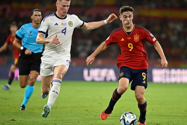 Gavi wards off the attentions of Scott McTominay during a 2-0 win over Scotland