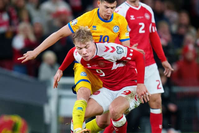 Rasmus Højlund in action against Kazakstan last week.