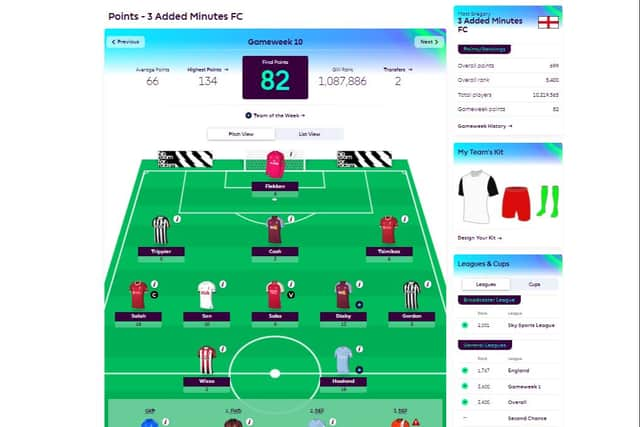 Our FPL team, which scored 82 points in Gameweek 10: Flekken (6); Trippier (0), Cash (5), Tsimikas (6); Salah (captain, 16), Son (10), Saka (6), Diaby (13), Gordon (2); Wissa (2), Haaland (16).