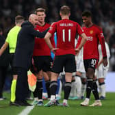 Manchester United manager Erik ten Hag and his players. The Red Devils host Luton Town in the Premier League on Saturday afternoon.