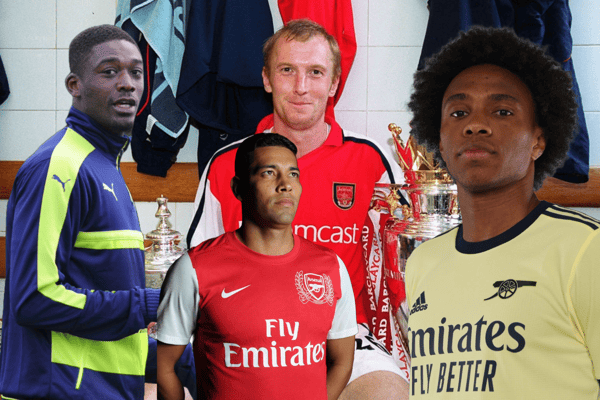 A composite image of former Arsenal players Yaya Sanogo, Andre Santos, Igors Stepanovs, and Willian.