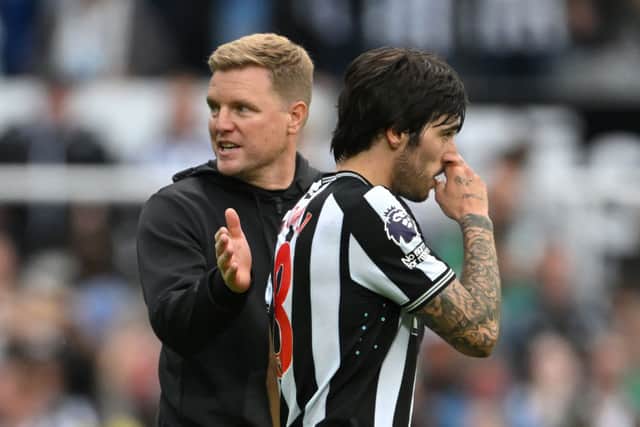 Sandro Tonali and Eddie Howe, Manager of Newcastle United, react after the team's victory in the Premier League match between Newcastle United and Aston Villa.(Photo by Stu Forster/Getty Images)