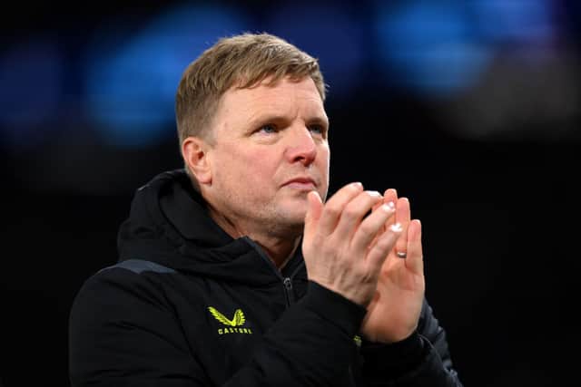 Eddie Howe, Manager of Newcastle United claps the fans after the UEFA Champions League match between Paris Saint-Germain and Newcastle United FC at Parc des Princes on November 28, 2023 in Paris, France. (Photo by Justin Setterfield/Getty Images)