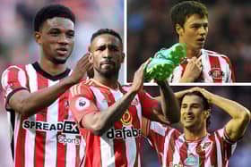 A composite image of former Sunderland players Amad Diallo, Jermain Defoe, Jonny Evans, and Lorik Cana.