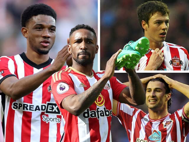 A composite image of former Sunderland players Amad Diallo, Jermain Defoe, Jonny Evans, and Lorik Cana.