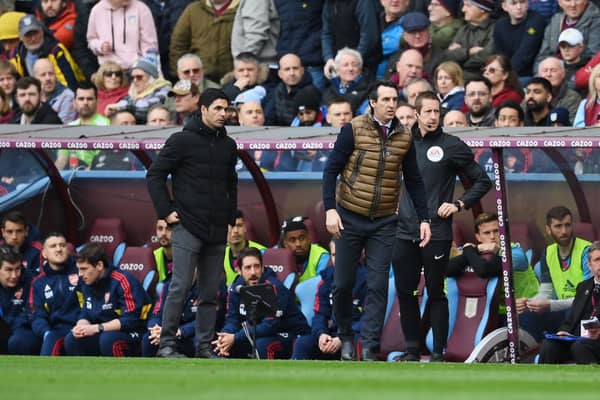Arsenal manager Mikel Arteta and Aston Villa boss Unai Emery. The two clubs meet in the Premier League on Saturday evening.