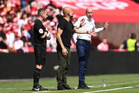 Manchester City manager Pep Guardiola and Manchester United manager Erik ten Hag. The Red Devils are being linked with a potential swoop for Etihad midfielder Kalvin Phillips.