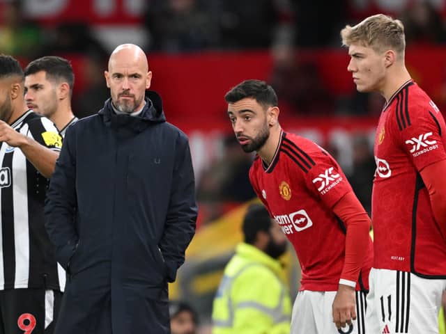 Manchester United manager Erik ten Hag with players Bruno Fernandes and Rasmus Hojlund. The Red Devils have been linked with a swoop for RB Leipzig striker Lois Openda.
