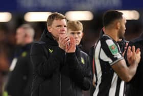 Eddie Howe, Manager of Newcastle United applauds fans following their sides defeat after a penalty shoot out i the Carabao Cup Quarter Final match between Chelsea and Newcastle United at Stamford Bridge on December 19, 2023 in London, England. (Photo by Julian Finney/Getty Images)