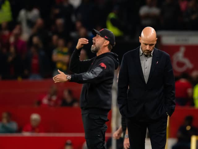 Liverpool manager Jurgen Klopp and Manchester United manager Erik ten Hag. Both clubs are said to be interested in signing Kylian Mbappe.