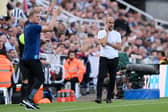 Newcastle United manager Eddie Howe and Man City boss Pep Guardiola. The two sides face each other in the Premier League on Saturday evening.