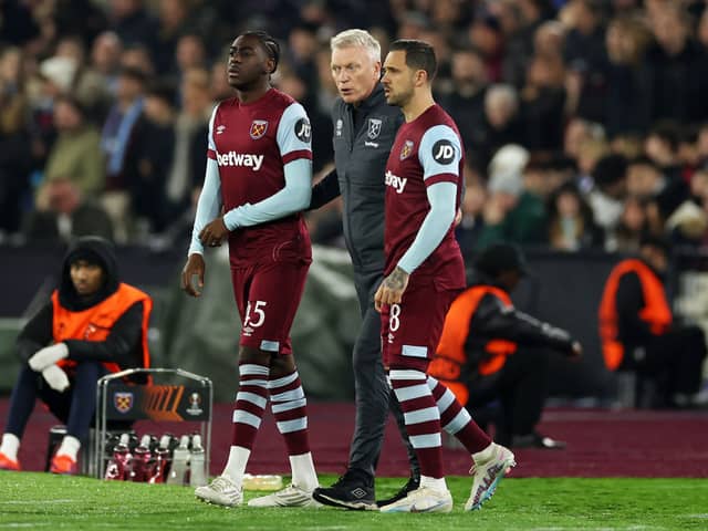 West Ham manager David Moyes with strikers Divin Mubama and Danny Ings. The Hammers have been linked with a move for Sunderland winger Jack Clarke in recent days.