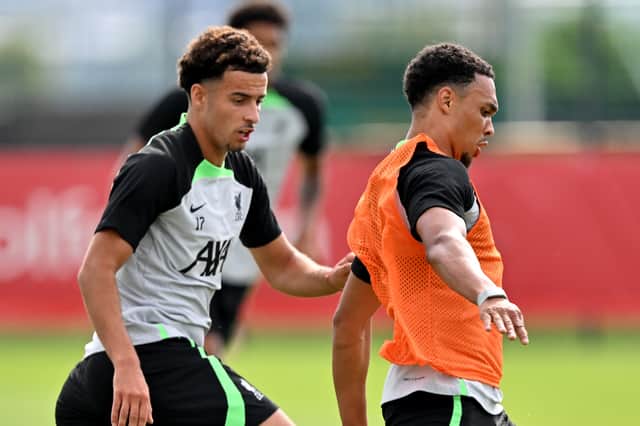 Trent Alexander-Arnold and Curtis Jones of Liverpool during a training session. (Photo by Andrew Powell/Liverpool FC via Getty Images)