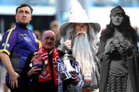A composite image of Luke Littler, Jim Bowen, Gandalf the Grey, and a fortune teller.
