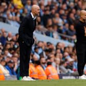 Man Utd manager Erik ten Hag and Man City manager Pep Guardiola. The two clubs face each other in the Premier League on Sunday afternoon.