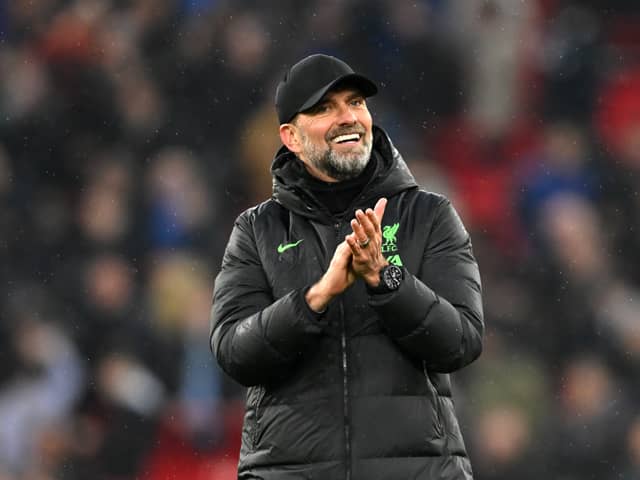 Jurgen Klopp, Manager of Liverpool, applauds the fans after the draw in the Premier League match between Liverpool FC and Manchester City at Anfield on March 10, 2024 in Liverpool, England. (Photo by Michael Regan/Getty Images)