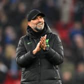 Jurgen Klopp, Manager of Liverpool, applauds the fans after the draw in the Premier League match between Liverpool FC and Manchester City at Anfield on March 10, 2024 in Liverpool, England. (Photo by Michael Regan/Getty Images)