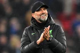 Jurgen Klopp, Manager of Liverpool, applauds the fans after the draw in the Premier League match between Liverpool FC and Manchester City at Anfield on March 10, 2024 in Liverpool, England. (Photo by Michael Regan/Getty Images)