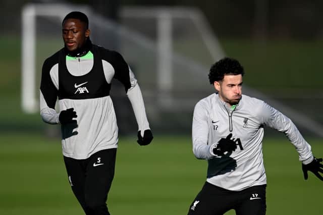 Curtis Jones and Ibrahima Konate of Liverpool during a training session at AXA Training Centre. (Photo by Andrew Powell/Liverpool FC via Getty Images)