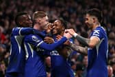 Chelsea players celebrate Cole Palmer's goal vs Newcastle United.