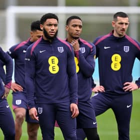 England players Kobbie Mainoo, Joe Gomez, Ezri Konsa, and Lewis Dunk.